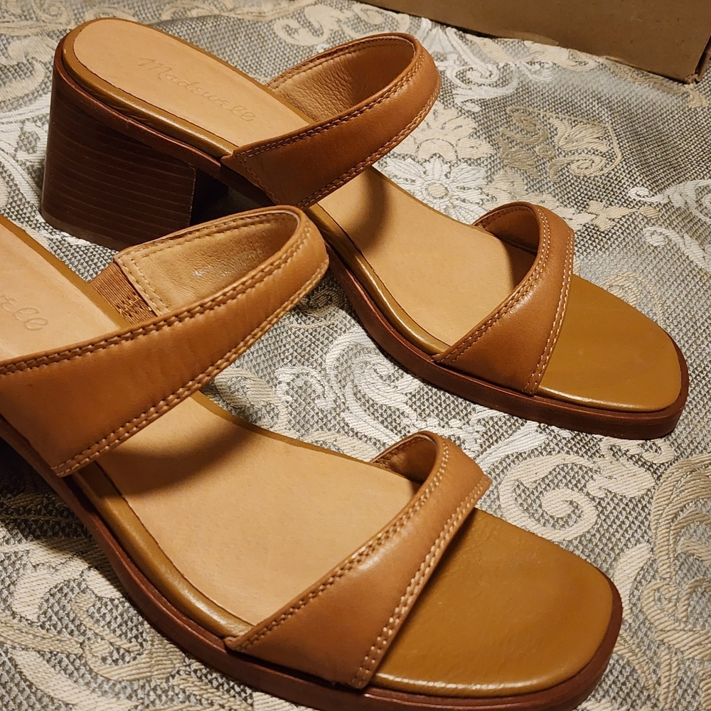 Madewell Saige Tan Brown Leather Block Heel Slide Sandals Women's Size 12 NIB - Picture 12 of 16